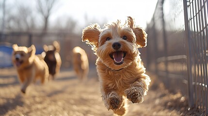 Fototapete - Group of friendly dogs running and playing in a large, fenced pet park capturing social pet activities with side empty space for text Stockphoto style