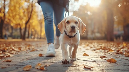 Wall Mural - Young puppy walking beside owner on a new, comfortable leash in a sunny park showing pet products in use with side empty space for text Stockphoto style