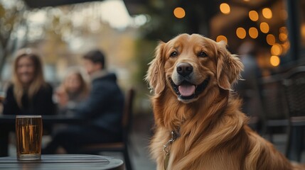 Fototapete - Family enjoying a relaxing day at a pet-friendly outdoor cafe with dog beside them showing welcoming pet spaces with side empty space for text Stockphoto style