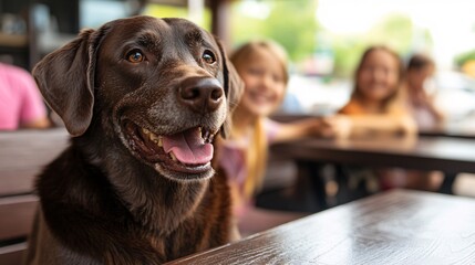 Fototapete - Family enjoying a relaxing day at a pet-friendly outdoor cafe with dog beside them showing welcoming pet spaces with side empty space for text Stockphoto style