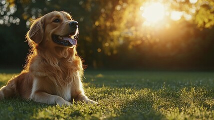 Fototapete - Dog trainer demonstrating training commands with a well-behaved puppy on a lush green lawn showing effective pet training services with side empty space for text Stockphoto style