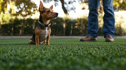 Fototapete - Dog trainer demonstrating training commands with a well-behaved puppy on a lush green lawn showing effective pet training services with side empty space for text Stockphoto style