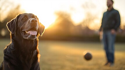 Fototapete - Owner playing fetch with dog in a wide, open field capturing joyful and active pet care moments with side empty space for text Stockphoto style