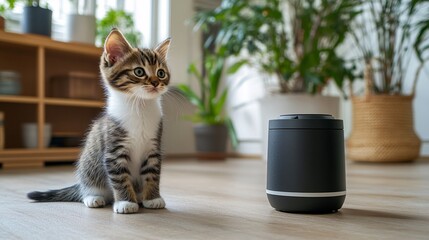 Fototapete - Young kitten curiously exploring a modern pet feeder in a home setting showing innovative pet product design with side empty space for text Stockphoto style
