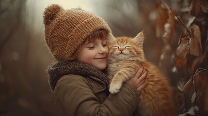 Fototapete - Pet adoption event with a smiling child gently holding a kitten in a warm, welcoming space representing compassion for animals with side empty space for text Stockphoto style