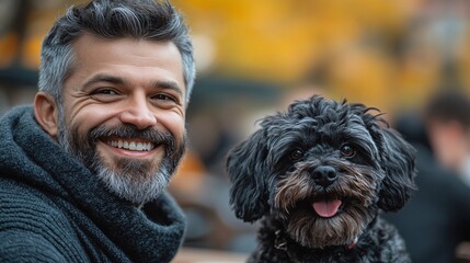 Fototapete - Owner and dog happily enjoying an outdoor cafe patio on a sunny day showing relaxed pet-friendly spaces with side empty space for text Stockphoto style