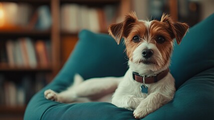 Fototapete - Pet-friendly coworking space with a friendly dog lying beside its owner on a bean bag capturing relaxed pet-friendly environments with side empty space for text Stockphoto style