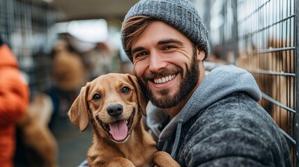 Fototapete - Pet adoption shelter interior with various animals and happy volunteers welcoming new adopters in a supportive space with side empty space for text Stockphoto style