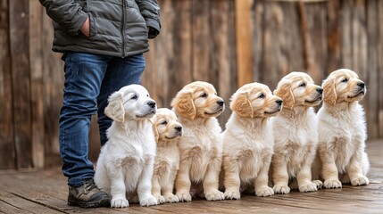 Fototapete - Puppy training class in a well-lit indoor space with a small group of puppies and trainers capturing pet behavior support with side empty space for text Stockphoto style
