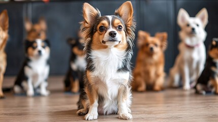 Fototapete - Puppy training class in a well-lit indoor space with a small group of puppies and trainers capturing pet behavior support with side empty space for text Stockphoto style