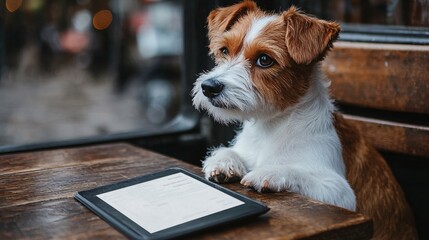 Fototapete - Pet-friendly cafe scene showing a dog sitting next to owner at a table with comfortable seating and soft lighting with side empty space for text Stockphoto style