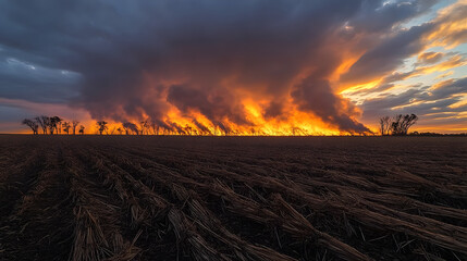 Canvas Print - A Fiery Sunset Over a Field of Stubble