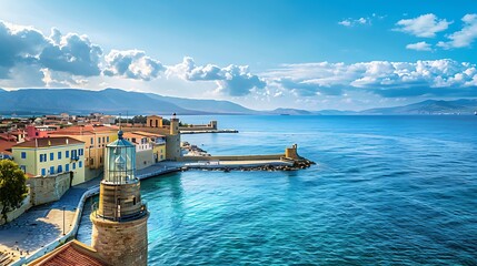 Canvas Print - A picturesque coastal view featuring a lighthouse, colorful buildings, and serene waters under a blue sky.