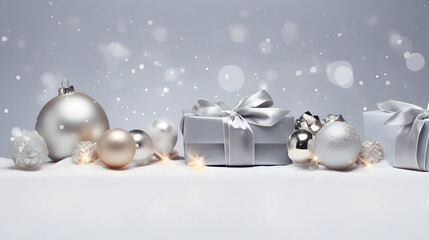 Wall Mural - silver christmas gifts, balls and decorations in a row on a gold abstract background. horizontal com