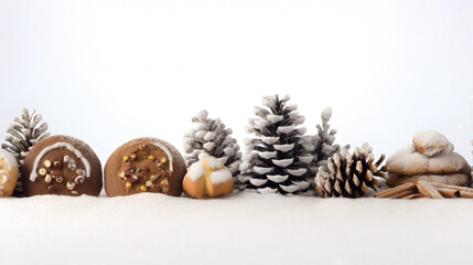 Wall Mural - burning christmas candles, gingerbread pieces and cones on snow covered ground and white background 