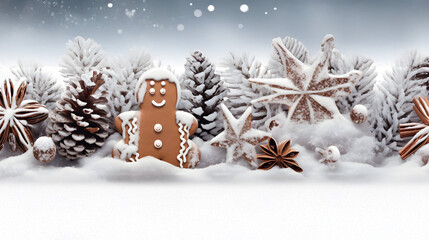 Wall Mural - burning christmas candles, gingerbread pieces and cones on snow covered ground and white background 