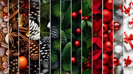 Wall Mural - Abstract background with seasonal and winter stripes with plant, leaf, ball, cone, spice, sweets and gifts texture. Horizontal composition. Concept of Christmas, holiday and New Year.