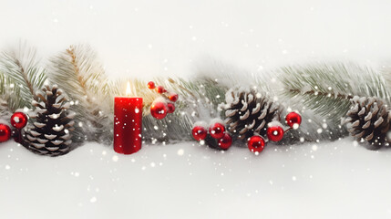 Wall Mural - red christmas burning candles, balls, baubles and pine cones and branches in a row covered with snow