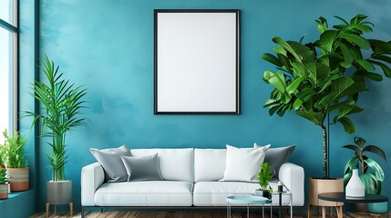 Canvas Print - A modern living room with a turquoise wall, white sofa, and vibrant plants, showcasing a cozy and inviting atmosphere.