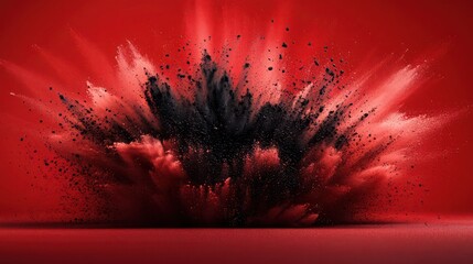 Wall Mural - a dramatic eruption of red and black powder, symbolizing power and mystery, isolated on a dark red b