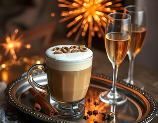 Wall Mural - A frothy New Year’s latte in a clear glass cup, topped with elegant cinnamon art of '2025', on a festive silver tray accompanied by sparkling fireworks in the background