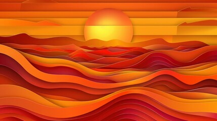 Wall Mural - an artistic paper cut of a desert at sunset, featuring dunes made from layers of orange and red pape