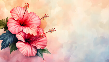 Wall Mural - illustration hibiscus flowers watercolor background. copy space