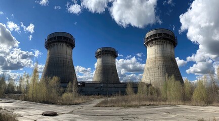 three cooling towers of a nuclear power plant against a blue sky with clouds. The white concrete tower is visible in full height,geneerative ai