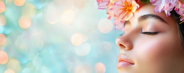 A serene portrait of a young woman with flowers, embodying tranquility and beauty against a soft bokeh background.