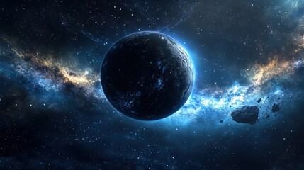 a cosmic scene featuring a large, dark planet or celestial body in the center. It is surrounded by a glowing blue aura, giving it a mysterious and ethereal appearance