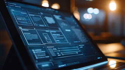 Innovative digital dashboard displaying complex data and analytics information through an advanced software interface  Conceptual technology and information design