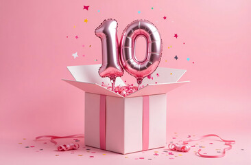 Wall Mural - Number 10 pink birthday celebration balloon and gift box with confetti on pink background. 3D Render