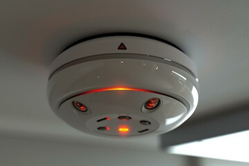 Modern smoke detector mounted on a ceiling flashing its red warning light