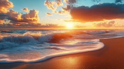 Wall Mural - Sunset over the Ocean with Waves Crashing on the Shore