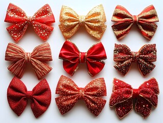 A collection of red and gold bows made from ribbons with variety pattern and glitters AI generated image