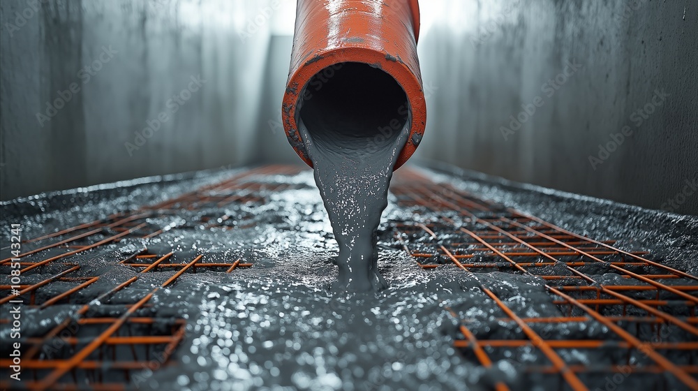 Redar Pipe A stream of wet concrete flows from an orange pipe onto a reinforced ...