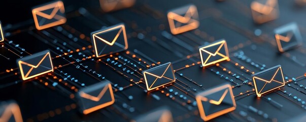 abstract visualization of email flow and data streams for marketing automation, glowing network of e