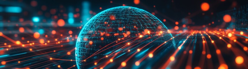 Abstract planet Earth with glowing lines and dots, global network concept on a dark blue background. Big data technology wallpaper design, world map in blue and orange colors, in the style	
