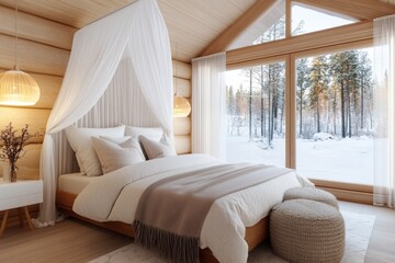 Wall Mural - Modern rustic bedroom design featuring a cozy canopy bed and serene winter landscape view