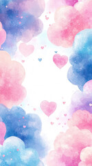 Wall Mural - pink and blue watercolor clouds with heart shapes and white space. concept: dreamy celebration, gend