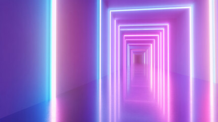 Wall Mural - 3d abstract neon light trail technology virtual reality corridor room background. cyberpunk futurist