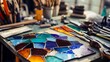 © ArpPSIqee - Intricate stained glass-making tools and colored glass pieces on a workbench in an artsy studio, A colorful studio with tools for creating stained glass art, Artistic craft style