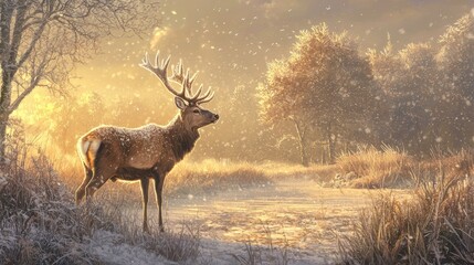  Majestic stag in snowy woodland winter landscape nature photography golden light serene atmosphere wildlife concept