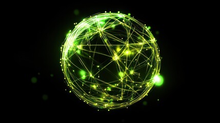abstract green glowing sphere with lines and dots