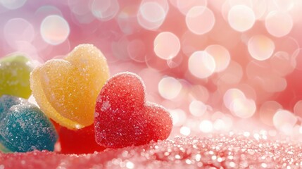 Wall Mural - colorful heart-shaped candies with sparkling sugar on a soft pink bokeh background, perfect for a ro