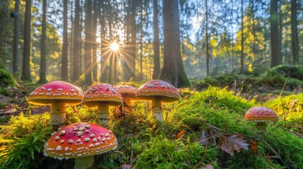 Wall Mural - Enchanted forest floor with mushrooms, sunlight filters through trees, ample room for text