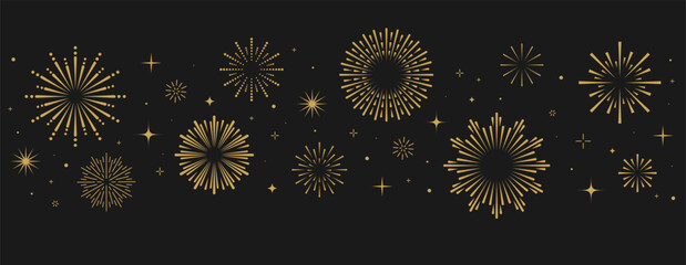 Abstract burst gold pattern fireworks. Art deco star shaped firework on black background with rays and trails. Vintage golden sunburst set.