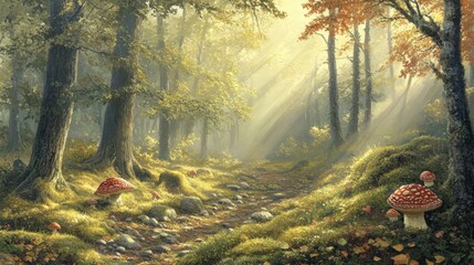 Wall Mural - Forest floor dotted with mushrooms, soft sunlight filtering through leaves, ample text area in a peaceful setting