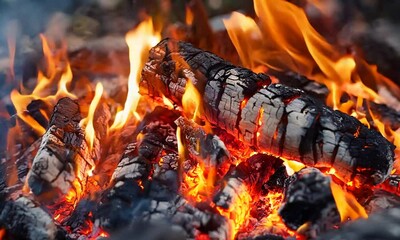 Aufkleber - Closeup of Vibrant Firewood Burning with Intense Flames in Outdoor Setting : Generative AI