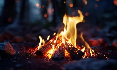 Aufkleber - Warm and Inviting Campfire at Night in Dense Forest Setting with Glowing Embers and Rustic Atmosphere : Generative AI
